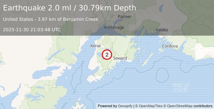 Earthquake 35 km SSE of Funny River, Alaska (2.0 ml) (2025-11-30 21:03:48 UTC)