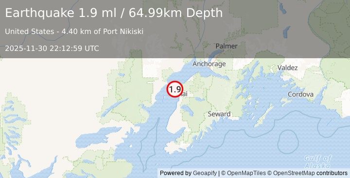Earthquake 7 km NW of Salamatof, Alaska (1.9 ml) (2025-11-30 22:12:59 UTC)