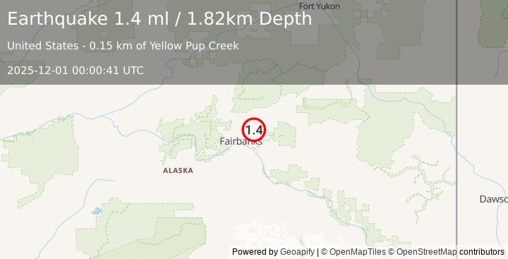 Earthquake 14 km ENE of Fox, Alaska (1.4 ml) (2025-12-01 00:00:41 UTC)