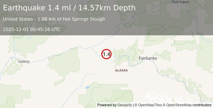Earthquake 8 km WSW of Manley Hot Springs, Alaska (1.4 ml) (2025-12-01 00:45:16 UTC)