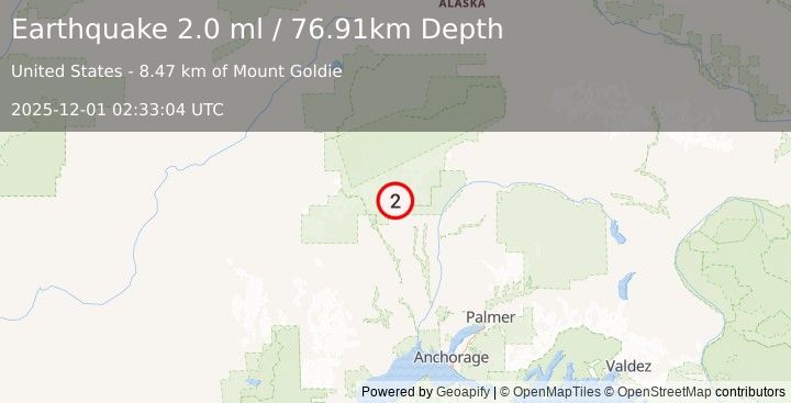 Earthquake 23 km NNW of Petersville, Alaska (2.0 ml) (2025-12-01 02:33:04 UTC)