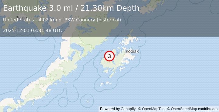 Earthquake 8 km NNW of Larsen Bay, Alaska (3.0 ml) (2025-12-01 03:31:48 UTC)