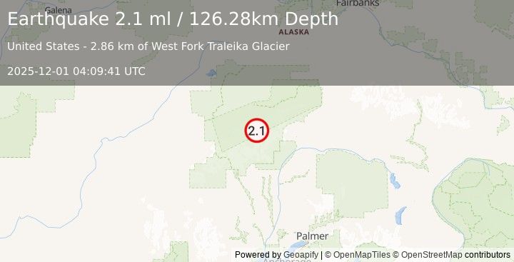Earthquake 66 km N of Petersville, Alaska (2.1 ml) (2025-12-01 04:09:41 UTC)