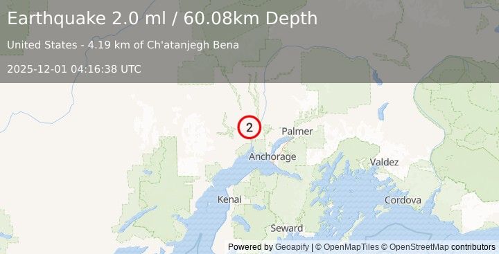 Earthquake 14 km NNW of Susitna, Alaska (2.0 ml) (2025-12-01 04:16:38 UTC)