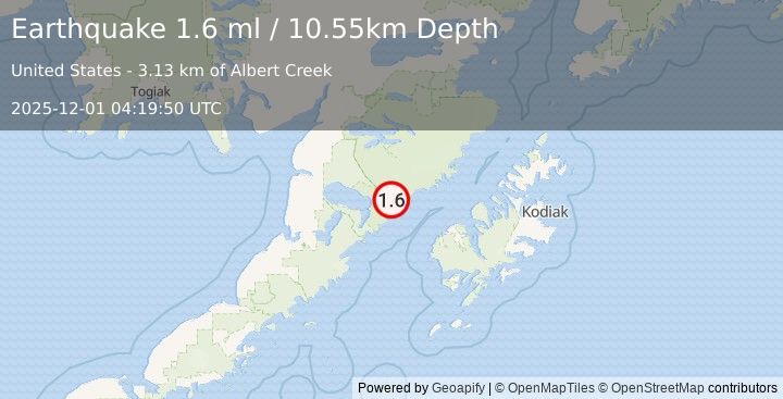 Earthquake 73 km WNW of Karluk, Alaska (1.6 ml) (2025-12-01 04:19:50 UTC)
