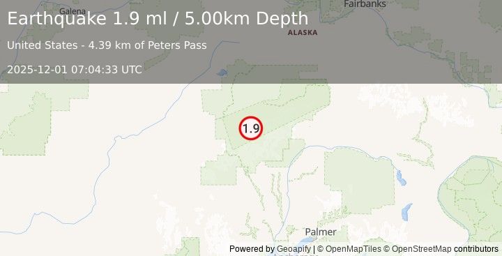 Earthquake 51 km SSE of Denali National Park, Alaska (1.9 ml) (2025-12-01 07:04:33 UTC)