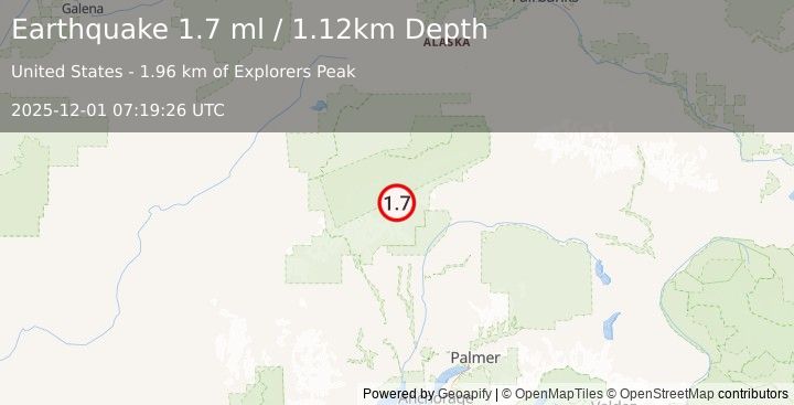 Earthquake 59 km N of Petersville, Alaska (1.7 ml) (2025-12-01 07:19:26 UTC)