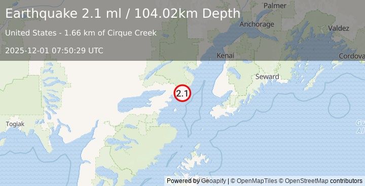 Earthquake 55 km E of Pedro Bay, Alaska (2.1 ml) (2025-12-01 07:50:29 UTC)