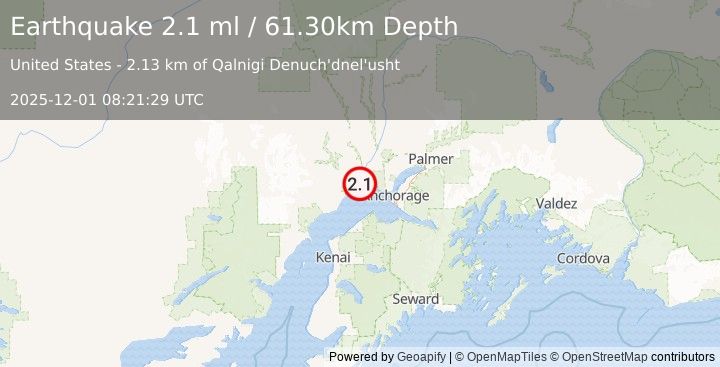 Earthquake 24 km SSW of Susitna, Alaska (2.1 ml) (2025-12-01 08:21:29 UTC)