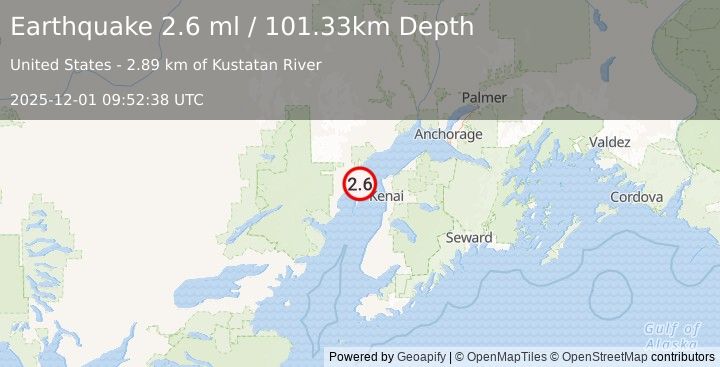 Earthquake 29 km WNW of Salamatof, Alaska (2.6 ml) (2025-12-01 09:52:38 UTC)