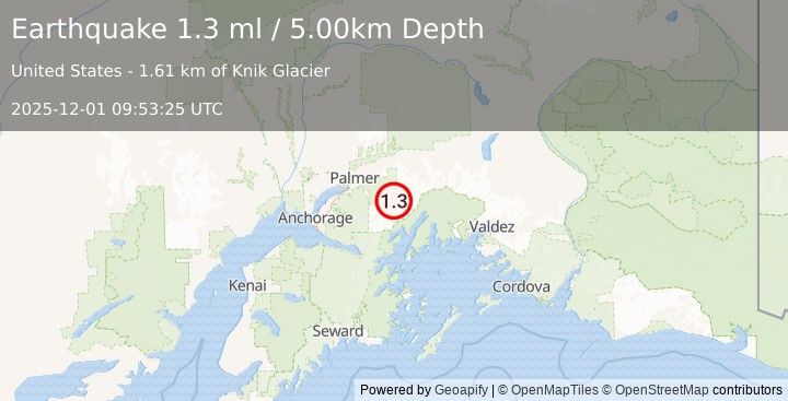 Earthquake 33 km ESE of Knik River, Alaska (1.3 ml) (2025-12-01 09:53:25 UTC)