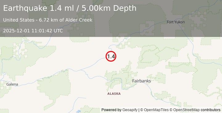 Earthquake 14 km ENE of Rampart, Alaska (1.4 ml) (2025-12-01 11:01:42 UTC)