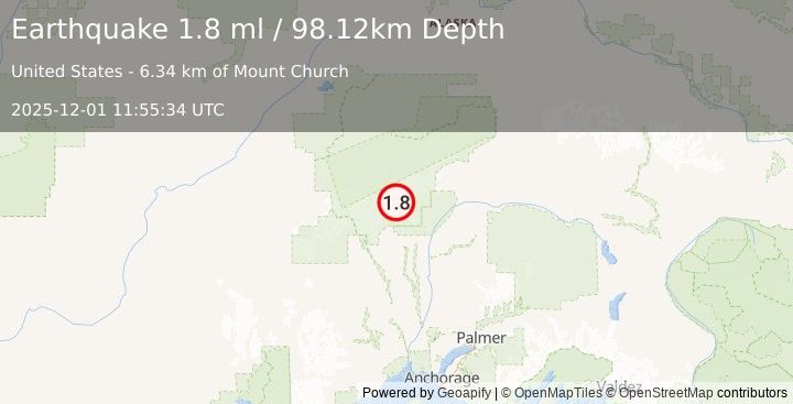 Earthquake 40 km N of Petersville, Alaska (1.8 ml) (2025-12-01 11:55:34 UTC)