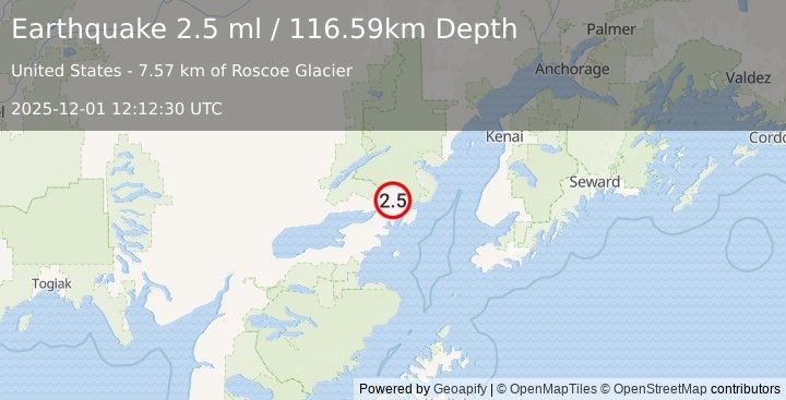 Earthquake 36 km ENE of Pedro Bay, Alaska (2.5 ml) (2025-12-01 12:12:30 UTC)