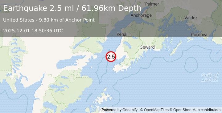 Earthquake 11 km W of Anchor Point, Alaska (2.5 ml) (2025-12-01 18:50:36 UTC)