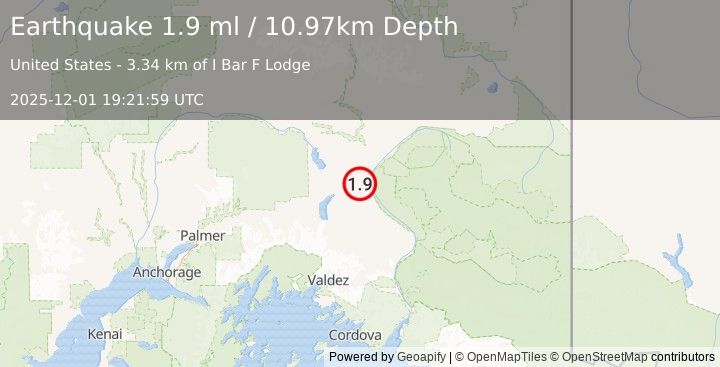 Earthquake 6 km WNW of Glennallen, Alaska (1.9 ml) (2025-12-01 19:21:59 UTC)
