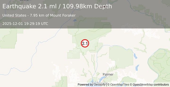 Earthquake 54 km NNW of Petersville, Alaska (2.1 ml) (2025-12-01 19:29:19 UTC)