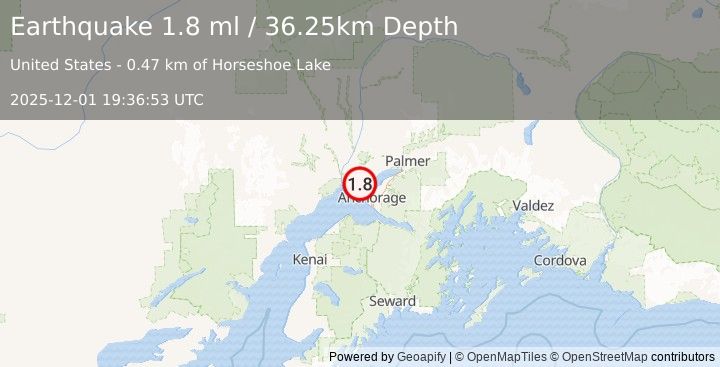 Earthquake 9 km W of Point MacKenzie, Alaska (1.8 ml) (2025-12-01 19:36:53 UTC)