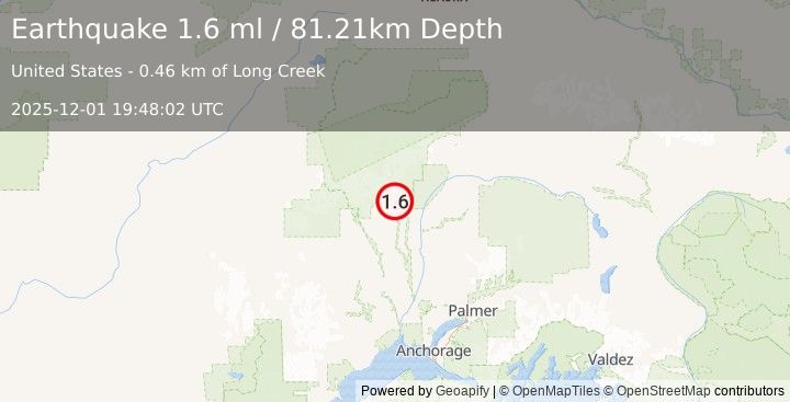Earthquake 15 km NNE of Petersville, Alaska (1.6 ml) (2025-12-01 19:48:02 UTC)