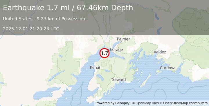 Earthquake 20 km NNE of Point Possession, Alaska (1.7 ml) (2025-12-01 21:20:23 UTC)