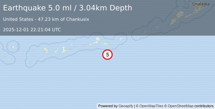 Earthquake 85 km SE of Atka, Alaska (5.0 ml) (2025-12-01 22:21:04 UTC)