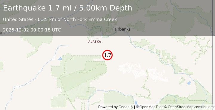 Earthquake 18 km E of Ferry, Alaska (1.7 ml) (2025-12-02 00:00:18 UTC)