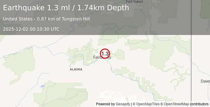 Earthquake 5 km E of Fox, Alaska (1.3 ml) (2025-12-02 00:10:30 UTC)