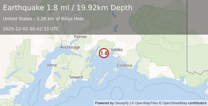 Earthquake 37 km WNW of Tatitlek, Alaska (1.8 ml) (2025-12-02 00:42:33 UTC)