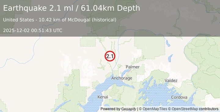 Earthquake 34 km E of Skwentna, Alaska (2.1 ml) (2025-12-02 00:51:43 UTC)