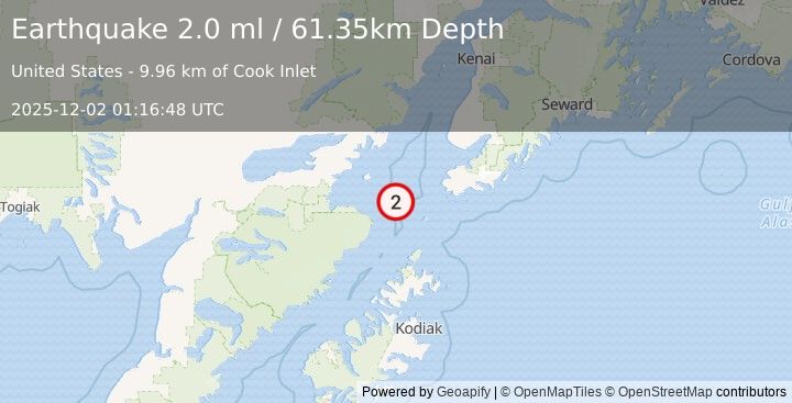 Earthquake 60 km WSW of Nanwalek, Alaska (2.0 ml) (2025-12-02 01:16:48 UTC)