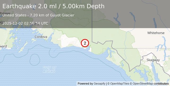 Earthquake 133 km NW of Yakutat, Alaska (2.0 ml) (2025-12-02 02:56:54 UTC)