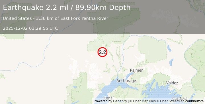 Earthquake 34 km NNW of Skwentna, Alaska (2.2 ml) (2025-12-02 03:29:55 UTC)