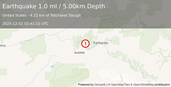 Earthquake 22 km N of Four Mile Road, Alaska (1.0 ml) (2025-12-02 03:41:10 UTC)