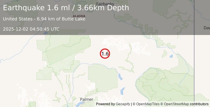 Earthquake 65 km ESE of Cantwell, Alaska (1.6 ml) (2025-12-02 04:50:45 UTC)