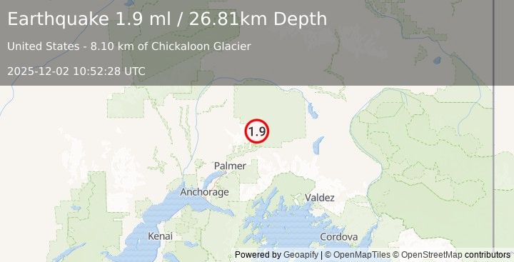 Earthquake 35 km NNE of Chickaloon, Alaska (1.9 ml) (2025-12-02 10:52:28 UTC)