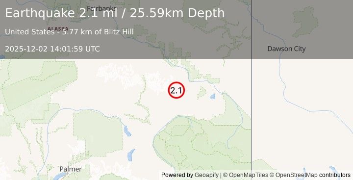 Earthquake 46 km NW of Mentasta Lake, Alaska (2.1 ml) (2025-12-02 14:01:59 UTC)