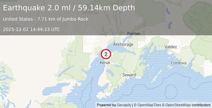 Earthquake 20 km NNE of Nikiski, Alaska (2.0 ml) (2025-12-02 14:44:23 UTC)