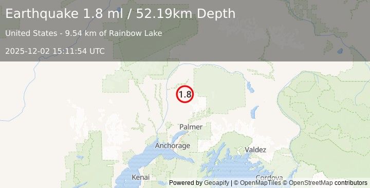 Earthquake 27 km ENE of Susitna North, Alaska (1.8 ml) (2025-12-02 15:11:54 UTC)