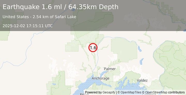 Earthquake 13 km ESE of Petersville, Alaska (1.6 ml) (2025-12-02 17:15:11 UTC)