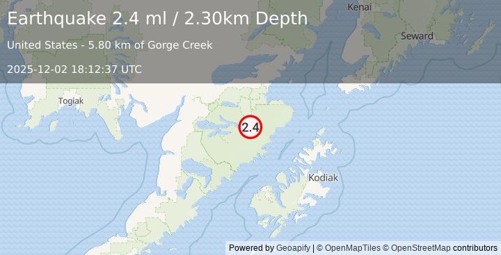 Earthquake 91 km S of Kokhanok, Alaska (2.4 ml) (2025-12-02 18:12:37 UTC)