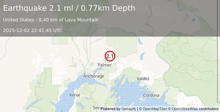 Earthquake 13 km N of Sutton-Alpine, Alaska (2.1 ml) (2025-12-02 22:41:45 UTC)