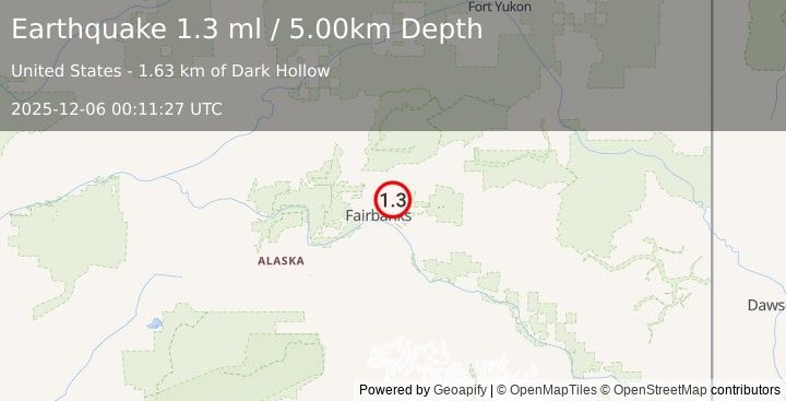 Earthquake 9 km E of Fox, Alaska (1.3 ml) (2025-12-06 00:11:27 UTC)