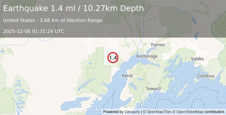 Earthquake 61 km W of Tyonek, Alaska (1.4 ml) (2025-12-06 01:31:24 UTC)