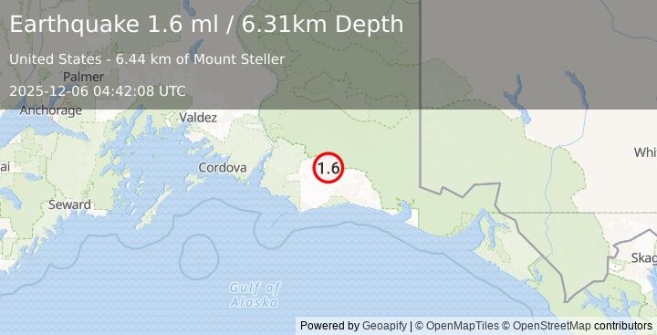 Earthquake 100 km S of McCarthy, Alaska (1.6 ml) (2025-12-06 04:42:08 UTC)