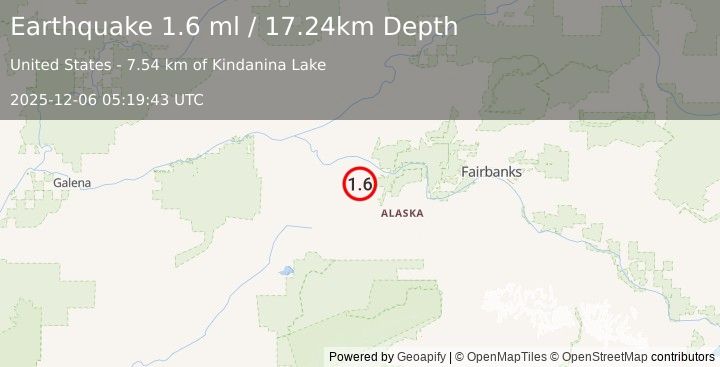 Earthquake 30 km S of Manley Hot Springs, Alaska (1.6 ml) (2025-12-06 05:19:43 UTC)