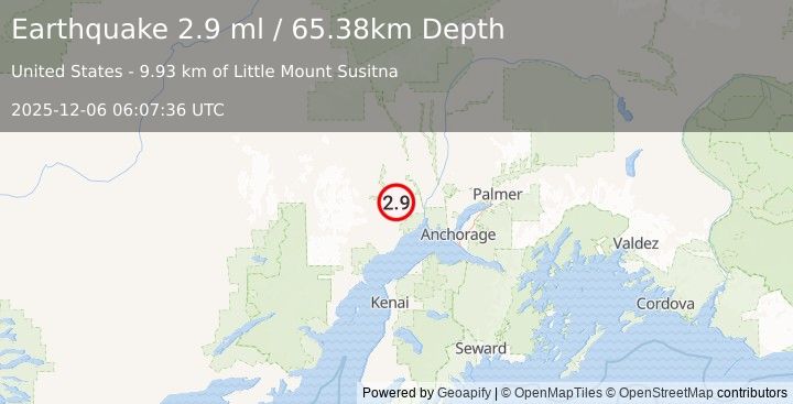 Earthquake 32 km W of Susitna, Alaska (2.9 ml) (2025-12-06 06:07:36 UTC)