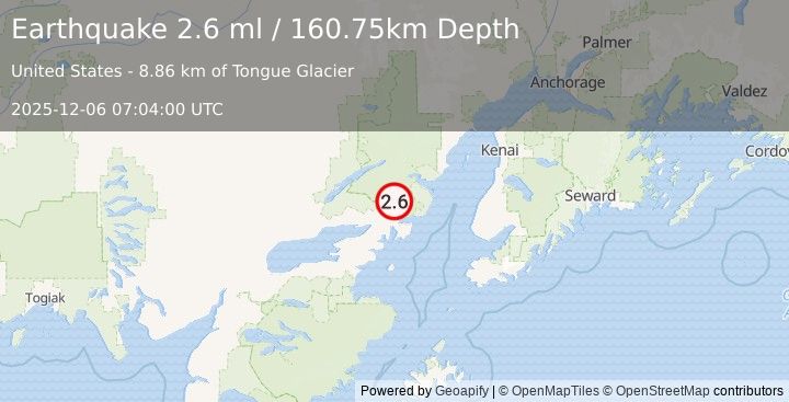 Earthquake 50 km NE of Pedro Bay, Alaska (2.6 ml) (2025-12-06 07:04:00 UTC)