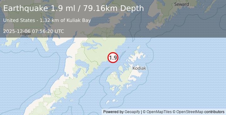 Earthquake 69 km N of Karluk, Alaska (1.9 ml) (2025-12-06 07:56:20 UTC)