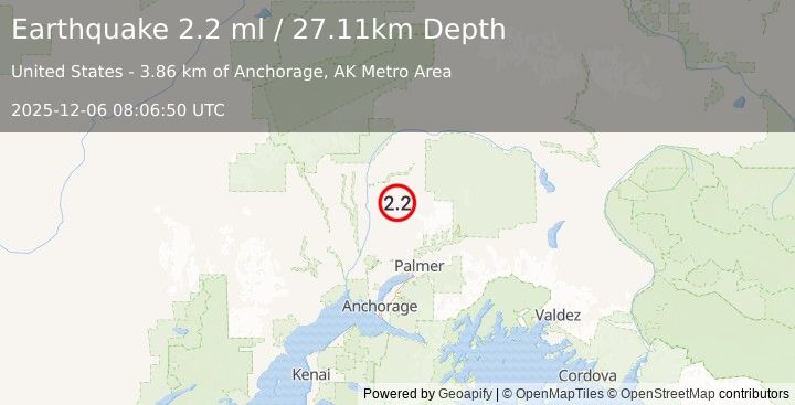 Earthquake 16 km E of Susitna North, Alaska (2.2 ml) (2025-12-06 08:06:50 UTC)