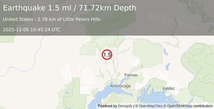 Earthquake 21 km SSW of Petersville, Alaska (1.5 ml) (2025-12-06 10:45:24 UTC)